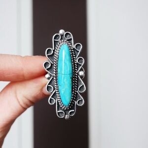Turquoise Marquise Sterling Silver Statement Ring - Women Jewelry - Size 7
